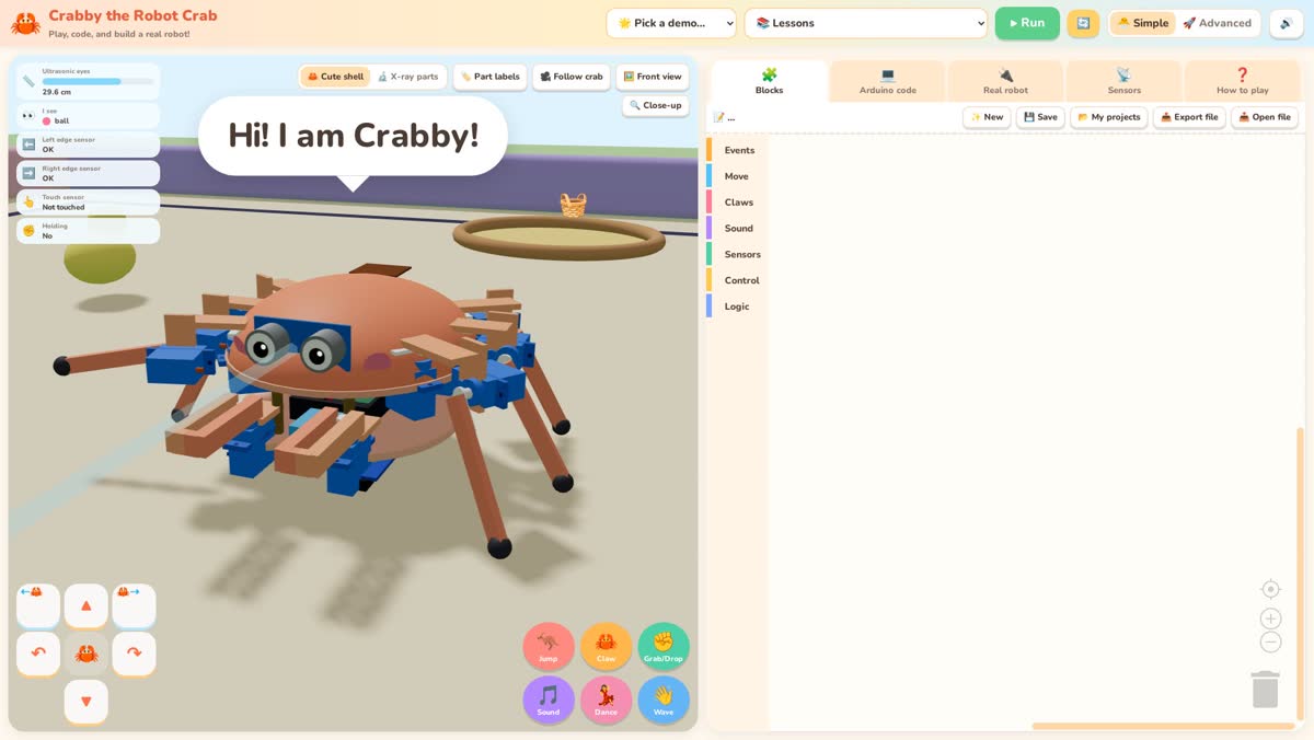 Crabby Blockly robot simulator: 3D crab on the left, blocks on the right