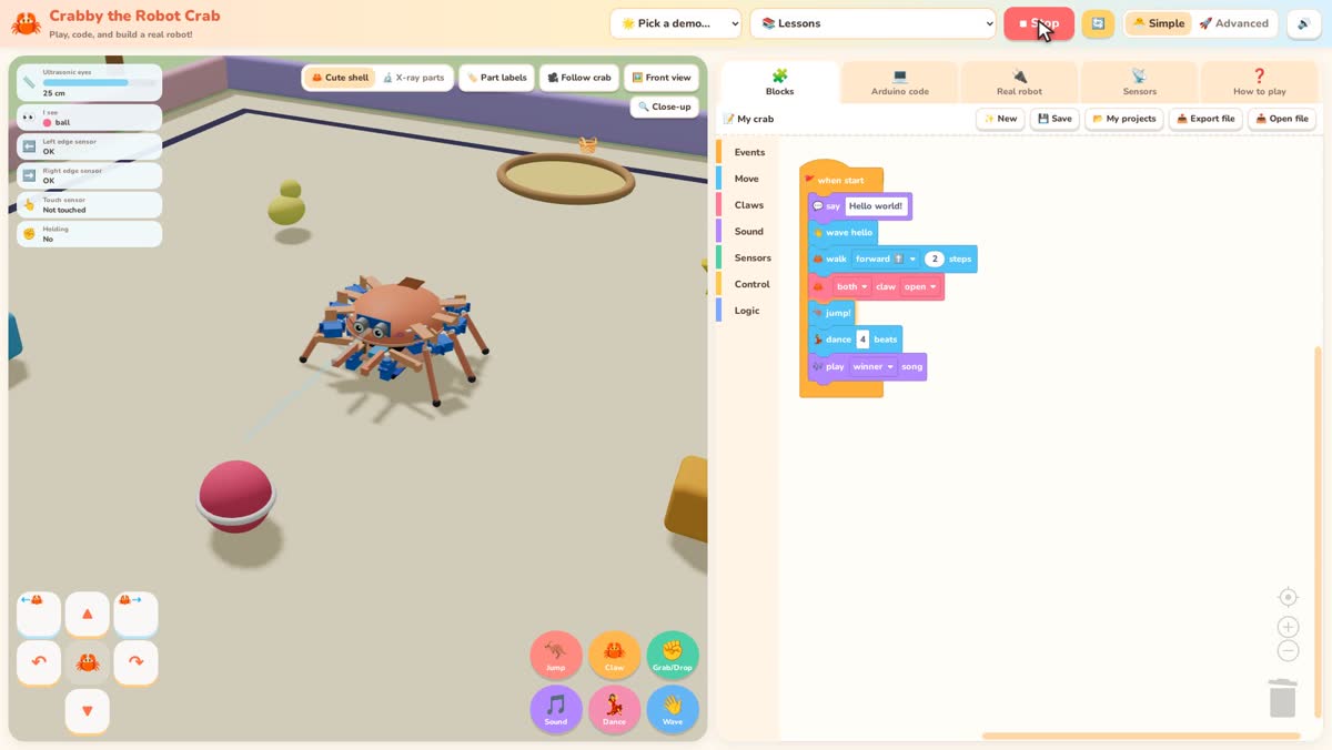 A sequence of Blockly blocks controlling the crab robot