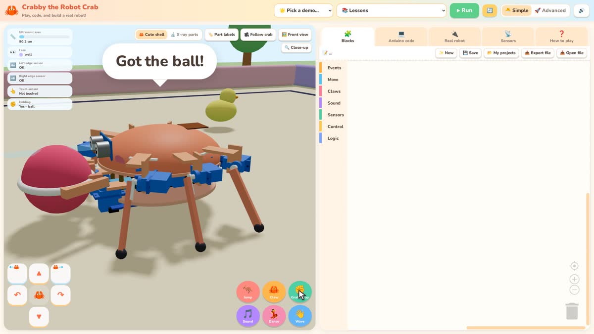 The simulated crab grabbing a ball with its claws